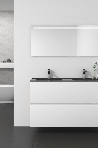 <p>
	Conjunto de mueble de baño realizado en material laminado color blanco de 19mm formado por dos cajones con sistema cierre suave . Lavabo en cristal templado de color negro y espejo con iluminación integrada incluidos.Grifo no incluido. Fabricado en España. </p>
