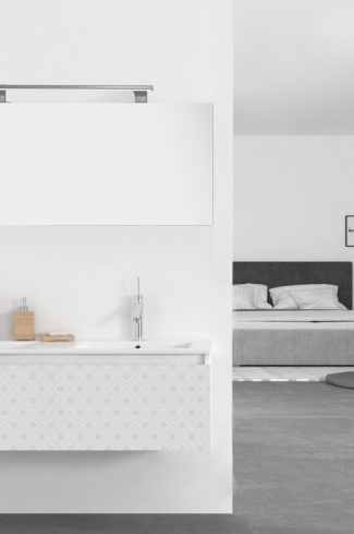 <p>
	Pack formado por mueble de 120 cm realizado en material estratificado alto brillo con frontal decorado mediante técnica láser. Cajón totalmente extraible y cierre soft-closing. Incluye lavabo cerámico de color blanco con dos senos, espejo y foco iluminación LED de 100cm. Fabricado en España.</p>
