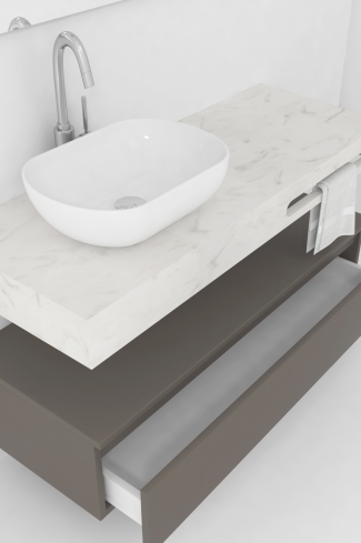 <p>
	Pack compuesto por mueble de baño fabricado en tablero de partículas laminado de 19mm acabado mate con dos cajones de gran capacidad, cierre suave y extracción total. Lavabo suspendido de mármol compacto con escuadras de acero inoxidable. Espejo liso y foco iluminación LED 6000K, 9,6W, 600lm. Fabricado en España. Grifo no incluido. </p>
