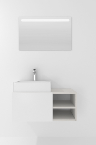 <p>
	Pack compuesto por mueble de baño realizado en material laminado, formado por una puerta blanco mate y un espacio decorativo. Bisagras con cierre softclosing testadas a 80.000 ciclos regulables en los tres ejes. Colgadores a pared capaces de soportar hasta 30 Kg por colgador. Cantos realizados en PVC de 1mm. Incluye lavabo sobreencimera y espejo con iluminación LED. Fabricado en España</p>
