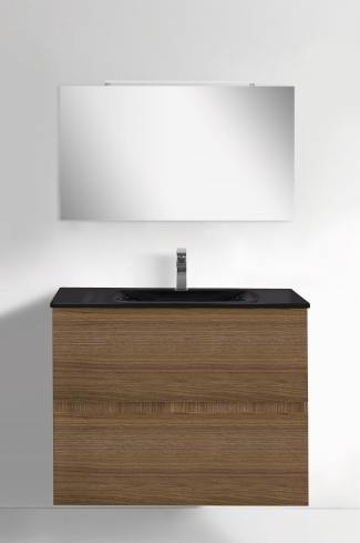 <p>
	Conjunto de mueble de baño realizado en material laminado color blanco de 19mm formado por dos cajones con sistema amortiguado suave . Lavabo en cristal templado de color negro, espejo e iluminación LED IP44-4,8W con driver interno y de color cromado incluidos.Grifo no incluido. Fabricado en España. </p>
