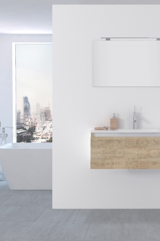 <p>
	Pack formado por mueble de 80 cm realizado en material laminado acabado madera con frontal decorado mediante técnica láser. Cajón totalmente extraible y cierre soft-closing. Incluye lavabo cerámico de color blanco, espejo y foco iluminación LED de 60cm. Fabricado en España.</p>
