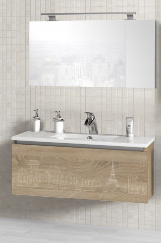 <p>
	Pack formado por mueble de 90 cm realizado en material laminado acabado madera con frontal decorado mediante técnica láser. Cajón totalmente extraible y cierre soft-closing. Incluye lavabo cerámico de color blanco, espejo liso  y un foco iluminación LED de 80cm. Fabricado en España.</p>
