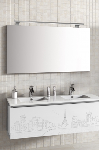 <p>
	Pack formado por mueble de 120 cm realizado en material estratificado alto brillo con frontal decorado mediante técnica láser. Cajón totalmente extraible y cierre soft-closing. Incluye lavabo cerámico de color blanco, espejo liso  y un foco iluminación LED de 100cm. Fabricado en España.</p>
