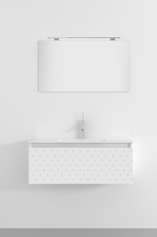 <p>
	Pack formado por mueble de 100 cm realizado en material estratificado alto brillo con frontal decorado mediante técnica láser. Cajón totalmente extraible y cierre soft-closing. Incluye lavabo cerámico de color blanco, espejo y foco iluminación LED de 80cm. Fabricado en España.</p>
