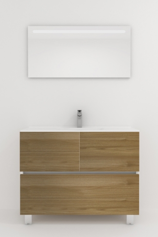 <p>
	Pack compuesto por mueble de baño realizado en material laminado, formado por dos puertas y un cajón inferior. Bisagras con cierre softclosing testadas a 80.000 ciclos regulables en los tres ejes. Colgadores a pared capaces de soportar hasta 30 Kg por colgador. Patas aluminio acabado cromo brillo. Cantos realizados en PVC de 1mm. Incluye lavabo cerámica y espejo con iluminación LED. Fabricado en España</p>
