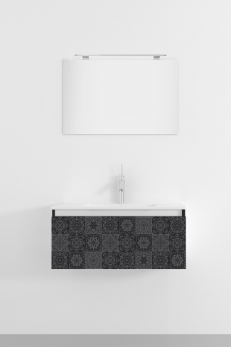 <p>
	Pack formado por mueble de 80 cm realizado en material estratificado alto brillo con frontal decorado mediante técnica láser. Cajón totalmente extraible y cierre soft-closing. Incluye lavabo cerámico de color blanco, espejo y foco iluminación LED de 60cm. Fabricado en España.</p>
