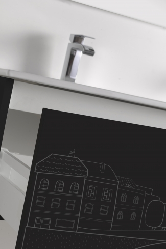 <p>
	Pack formado por mueble de 120 cm realizado en material estratificado alto brillo con frontal decorado mediante técnica láser. Cajón totalmente extraible y cierre soft-closing. Incluye lavabo cerámico de color blanco, espejo liso  y un foco iluminación LED de 100cm. Fabricado en España.</p>

