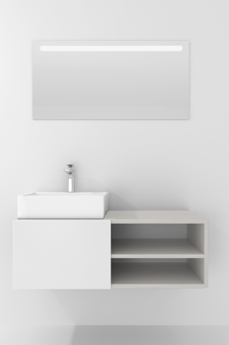<p>
	Pack compuesto por mueble de baño realizado en material laminado, formado por una puerta blanco mate y un espacio decorativo. Bisagras con cierre softclosing testadas a 80.000 ciclos regulables en los tres ejes. Colgadores a pared capaces de soportar hasta 30 Kg por colgador. Cantos realizados en PVC de 1mm. Incluye lavabo sobreencimera y espejo con iluminación LED. Fabricado en España</p>
