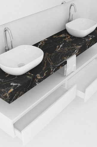 <p>
	Pack compuesto por mueble de baño fabricado en tablero de partículas laminado de 19mm acabado mate con dos cajones de gran capacidad, cierre suave y extracción total. Lavabo doble seno suspendido de mármol compacto con escuadras de acero inoxidable. Espejo liso y foco iluminación LED 6000K, 9,6W, 600lm. Fabricado en España. Grifo no incluido. </p>
