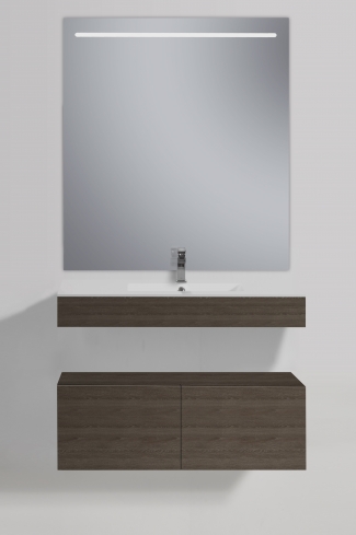 <p>
	Conjunto de mueble de baño realizado en material laminado color madera con microrelieve que le aporta mayor naturalidad de 19mm con tratamiento antibacteriano con cajón con sistema amortiguado suave . Lavabo cerámico de color blanco y espejo con iluminación integrada incluidos.Grifo no incluido. Fabricado en España. </p>
