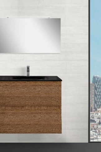 <p>
	Conjunto de mueble de baño realizado en material laminado color blanco de 19mm formado por dos cajones con sistema amortiguado suave . Lavabo en cristal templado de color negro, espejo e iluminación LED IP44-4,8W con driver interno y de color cromado incluidos.Grifo no incluido. Fabricado en España. </p>
