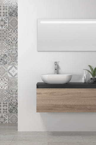 <p>
	Pack formado por mueble realizado en material laminado,  Cajón totalmente extraible y cierre soft-closing. Incluye lavabo cerámico sobreencimera y espejo con iluminación LED. Fabricado en España.</p>
