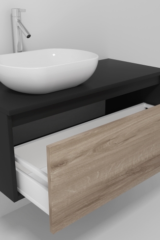 <p>
	Pack formado por mueble realizado en material laminado,  Cajón totalmente extraible y cierre soft-closing. Incluye lavabo cerámico sobreencimera y espejo con iluminación LED. Fabricado en España.</p>

