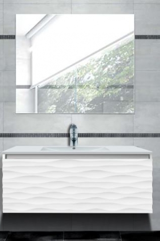 <p>
	Mueble de baño realizado en material MDF lacado blanco acabado alto brillo formado por un cajón de gran capacidad con sistema de cierre amortiguado suave. Frontal con relieve acabado lacado alto brillo.Lavabo cerámico y espejo 75x90 sobre tablero incluidos. Fabricado en España.</p>
