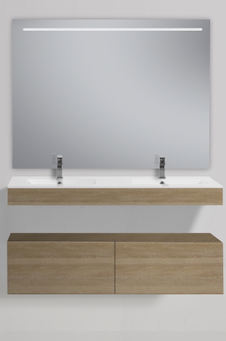 <p>
	Conjunto de mueble de baño realizado en material laminado color madera con microrelieve que le aporta mayor naturalidad de 19mm con tratamiento antibacteriano con cajón con sistema amortiguado suave . Lavabo cerámico de color blanco y espejo con iluminación integrada incluidos.Grifo no incluido. Fabricado en España. </p>
