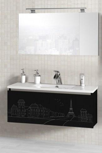 <p>
	Pack formado por mueble de 90 cm realizado en material estratificado alto brillo con frontal decorado mediante técnica láser. Cajón totalmente extraible y cierre soft-closing. Incluye lavabo cerámico de color blanco, espejo liso  y un foco iluminación LED de 80cm. Fabricado en España.</p>
