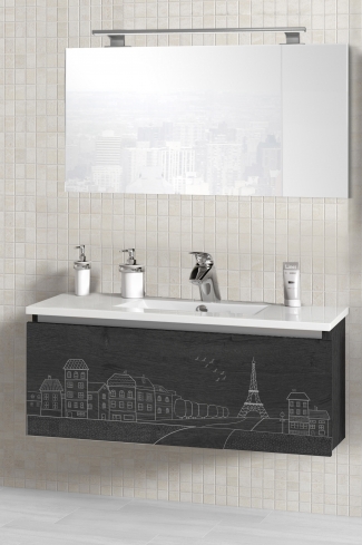 <p>
	Pack formado por mueble de 90 cm realizado en material laminado acabado madera con frontal decorado mediante técnica láser. Cajón totalmente extraible y cierre soft-closing. Incluye lavabo cerámico de color blanco, espejo liso  y un foco iluminación LED de 80cm. Fabricado en España.</p>

