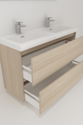 <p>
	Pack formado por mueble de baño realizado en tablero laminado con dos cajones totalmente extraíbles y cierre softclosing. Lavabo de resina y espejo con iluminación LED incluidos. Made in Europe.</p>
