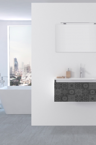<p>
	Pack formado por mueble de 80 cm realizado en material laminado acabado madera con frontal decorado mediante técnica láser. Cajón totalmente extraible y cierre soft-closing. Incluye lavabo cerámico de color blanco, espejo y foco iluminación LED de 60cm. Fabricado en España.</p>

