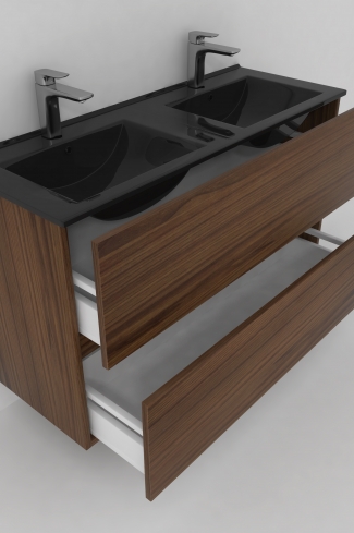 <p>
	Conjunto de mueble de baño realizado en material laminado de 19mm formado por dos cajones con sistema cierre suave . Lavabo en cristal templado de color negro y espejo con iluminación integrada incluidos.Grifo no incluido. Fabricado en España. </p>
