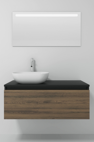 <p>
	Pack formado por mueble realizado en material laminado,  Cajón totalmente extraible y cierre soft-closing. Incluye lavabo cerámico sobreencimera y espejo con iluminación LED. Fabricado en España.</p>
