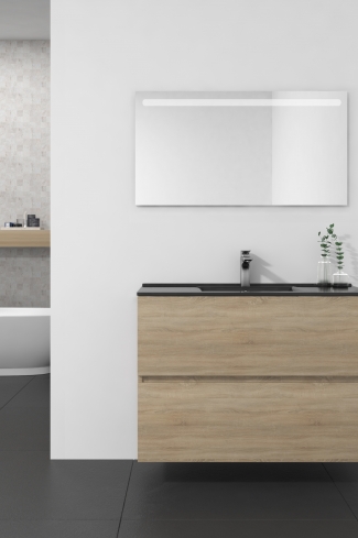 <p>
	Conjunto de mueble de baño realizado en material laminado de 19mm formado por dos cajones con sistema cierre suave . Lavabo en cristal templado de color negro y espejo con iluminación integrada incluidos.Grifo no incluido. Fabricado en España. </p>
