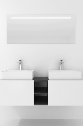 <p>
	Pack compuesto por mueble de baño realizado en material laminado, formado por dos puertas blanco mate y un espacio decorativo. Bisagras con cierre softclosing testadas a 80.000 ciclos regulables en los tres ejes. Colgadores a pared capaces de soportar hasta 30 Kg por colgador. Cantos realizados en PVC de 1mm. Incluye dos lavabos sobreencimera y espejo con iluminación LED. Fabricado en España</p>
