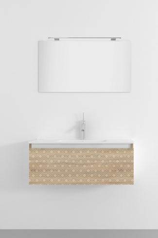 <p>
	Pack formado por mueble de 100 cm realizado en material laminado con frontal decorado mediante técnica láser. Cajón totalmente extraible y cierre soft-closing. Incluye lavabo cerámico de color blanco, espejo y foco iluminación LED de 80cm. Fabricado en España.</p>
