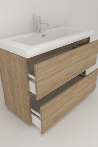 <p>
	Pack formado por mueble de baño realizado en tablero laminado con dos cajones totalmente extraíbles y cierre softclosing. Lavabo de resina y espejo con iluminación LED incluidos. Made in Europe.</p>
