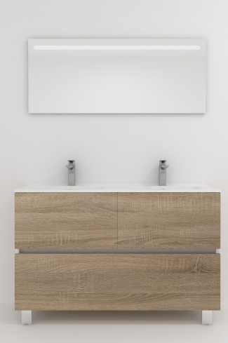 <p>
	Pack compuesto por mueble de baño realizado en material laminado, formado por dos puertas y un cajón inferior. Bisagras con cierre softclosing testadas a 80.000 ciclos regulables en los tres ejes. Colgadores a pared capaces de soportar hasta 30 Kg por colgador. Patas aluminio acabado cromo brillo. Cantos realizados en PVC de 1mm. Incluye lavabo cerámica y espejo con iluminación LED. Fabricado en España</p>
