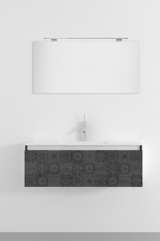 <p>
	Pack formado por mueble de 100 cm realizado en material laminado con frontal decorado mediante técnica láser. Cajón totalmente extraible y cierre soft-closing. Incluye lavabo cerámico de color blanco, espejo y foco iluminación LED de 80cm. Fabricado en España.</p>
