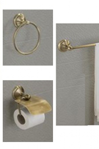 <p>
	Pack accesorios de baño formado por toallero de aro, portarrollos, una percha , un escobillero y un toallero de barra. Color oro envejecido</p>
