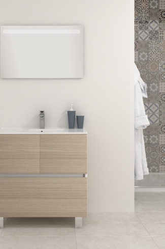 <p>
	Pack compuesto por mueble de baño realizado en material laminado, formado por dos puertas y un cajón inferior. Bisagras con cierre softclosing testadas a 80.000 ciclos regulables en los tres ejes. Colgadores a pared capaces de soportar hasta 30 Kg por colgador. Patas aluminio acabado cromo brillo. Cantos realizados en PVC de 1mm. Incluye lavabo cerámica y espejo con iluminación LED. Fabricado en España</p>
