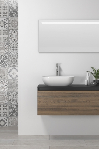 <p>
	Pack formado por mueble realizado en material laminado,  Cajón totalmente extraible y cierre soft-closing. Incluye lavabo cerámico sobreencimera y espejo con iluminación LED. Fabricado en España.</p>
