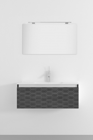 <p>
	Pack formado por mueble de 100 cm realizado en material laminado con frontal decorado mediante técnica láser. Cajón totalmente extraible y cierre soft-closing. Incluye lavabo cerámico de color blanco, espejo y foco iluminación LED de 80cm. Fabricado en España.</p>
