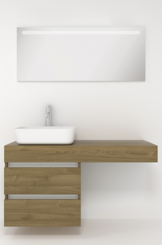 <p>
	Pack formado por mueble de baño de 120 cm realizado en material laminado madera. Está formado por dos módulos, uno fijo y otro con dos cajones de gran capacidad, totalmente extraibles y de cierre soft-closing. Incluye lavabo cerámico sobre encimera y espejo con iluminación LED de 120x50 cm. No incluye grifería. Made in Spain</p>
