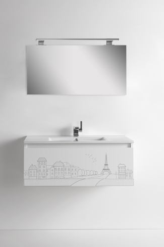 <p>
	Pack formado por mueble de 90 cm realizado en material estratificado alto brillo con frontal decorado mediante técnica láser. Cajón totalmente extraible y cierre soft-closing. Incluye lavabo cerámico de color blanco, espejo liso  y un foco iluminación LED de 80cm. Fabricado en España.</p>
