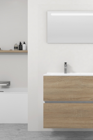 <p>
	Pack formado por mueble de baño realizado en tablero laminado 19mm acabado madera, con dos cajones totalmente extraíble con cierre softclosing. Lavabo cerámico y espejo con iluminación LED incluidos. Made in Europe.</p>

