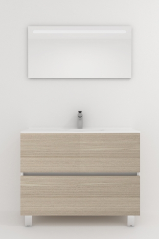 <p>
	Pack compuesto por mueble de baño realizado en material laminado, formado por dos puertas y un cajón inferior. Bisagras con cierre softclosing testadas a 80.000 ciclos regulables en los tres ejes. Colgadores a pared capaces de soportar hasta 30 Kg por colgador. Patas aluminio acabado cromo brillo. Cantos realizados en PVC de 1mm. Incluye lavabo cerámica y espejo con iluminación LED. Fabricado en España</p>
