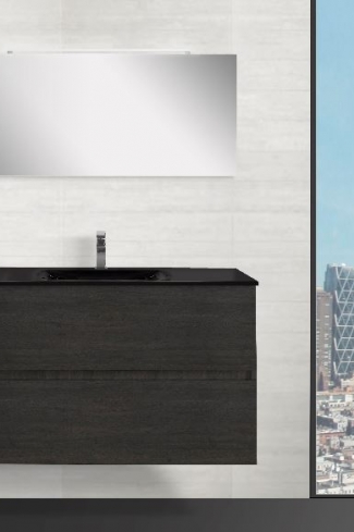 <p>
	Conjunto de mueble de baño realizado en material laminado color blanco de 19mm formado por dos cajones con sistema amortiguado suave . Lavabo en cristal templado de color negro, espejo e iluminación LED IP44-4,8W con driver interno y de color cromado incluidos.Grifo no incluido. Fabricado en España. </p>
