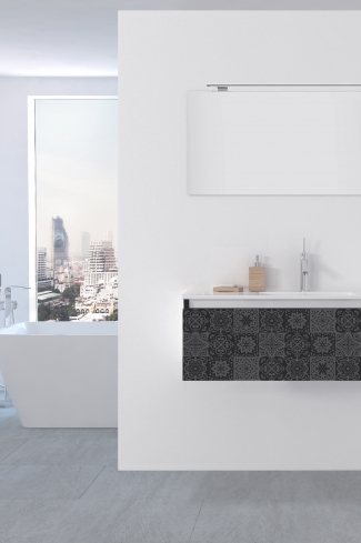 <p>
	Pack formado por mueble de 100 cm realizado en material estratificado alto brillo con frontal decorado mediante técnica láser. Cajón totalmente extraible y cierre soft-closing. Incluye lavabo cerámico de color blanco, espejo y foco iluminación LED de 80cm. Fabricado en España.</p>
