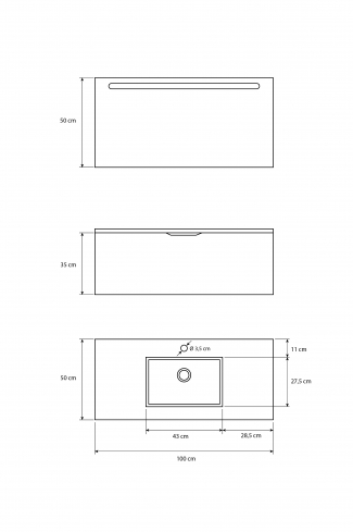 <p>
	Pack formado por mueble de baño realizado en material DM, lacado alto brillo con relieve. Está formado por un cajón con tirador negro totalmente extraible con cierre softclosing. Incluye lavabo cerámico encimera y espejo con iluminación LED. Made in Spain. </p>
