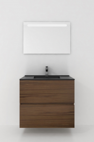 <p>
	Conjunto de mueble de baño realizado en material laminado de 19mm formado por dos cajones con sistema cierre suave . Lavabo en cristal templado de color negro y espejo con iluminación integrada incluidos.Grifo no incluido. Fabricado en España. </p>
