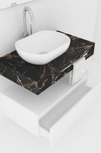<p>
	Pack compuesto por mueble de baño fabricado en tablero de partículas laminado de 19mm acabado mate con un cajón de gran capacidad, cierre suave y extracción total. Lavabo suspendido de mármol compacto con escuadras de acero inoxidable. Espejo liso y foco iluminación LED 6000K, 9,6W, 600lm. Fabricado en España. Grifo no incluido. </p>
