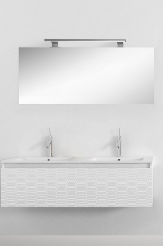 <p>
	Pack formado por mueble de 120 cm realizado en material estratificado alto brillo con frontal decorado mediante técnica láser. Cajón totalmente extraible y cierre soft-closing. Incluye lavabo cerámico de color blanco con dos senos, espejo y foco iluminación LED de 100cm. Fabricado en España.</p>
