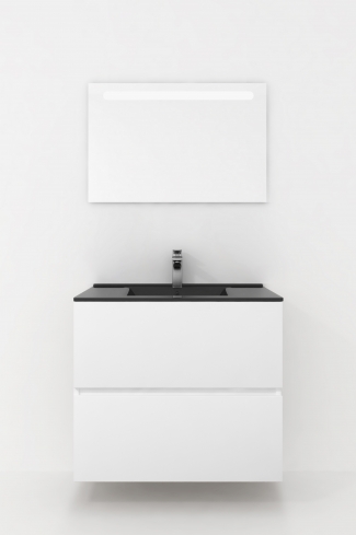 <p>
	Conjunto de mueble de baño realizado en material laminado color blanco de 19mm formado por dos cajones con sistema cierre suave . Lavabo en cristal templado de color negro y espejo con iluminación integrada incluidos.Grifo no incluido. Fabricado en España. </p>
