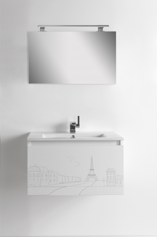 <p>
	Pack formado por mueble de 60 cm realizado en material estratificado alto brillo con frontal decorado mediante técnica láser. Cajón totalmente extraible y cierre soft-closing. Incluye lavabo cerámico de color blanco, espejo liso  y un foco iluminación LED de 60cm. Fabricado en España.</p>
