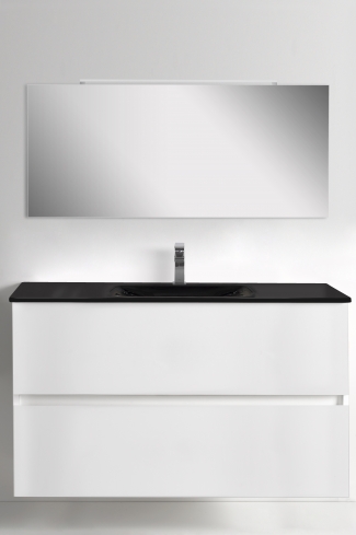 <p>
	Conjunto de mueble de baño realizado en material laminado color blanco de 19mm formado por dos cajones con sistema amortiguado suave . Lavabo en cristal templado de color negro, espejo e iluminación LED IP44-4,8W con driver interno y de color cromado incluidos.Grifo no incluido. Fabricado en España. </p>
