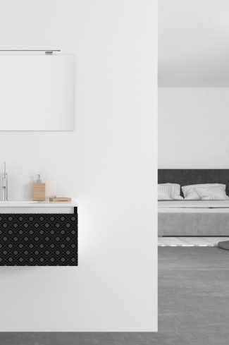<p>
	Pack formado por mueble de 100 cm realizado en material estratificado alto brillo con frontal decorado mediante técnica láser. Cajón totalmente extraible y cierre soft-closing. Incluye lavabo cerámico de color blanco, espejo y foco iluminación LED de 80cm. Fabricado en España.</p>
